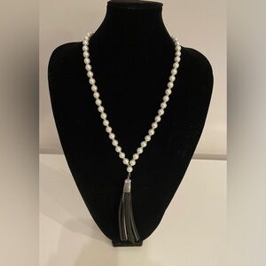 Long Faux Pearl & Silver Necklace with Black & Silver Tassel